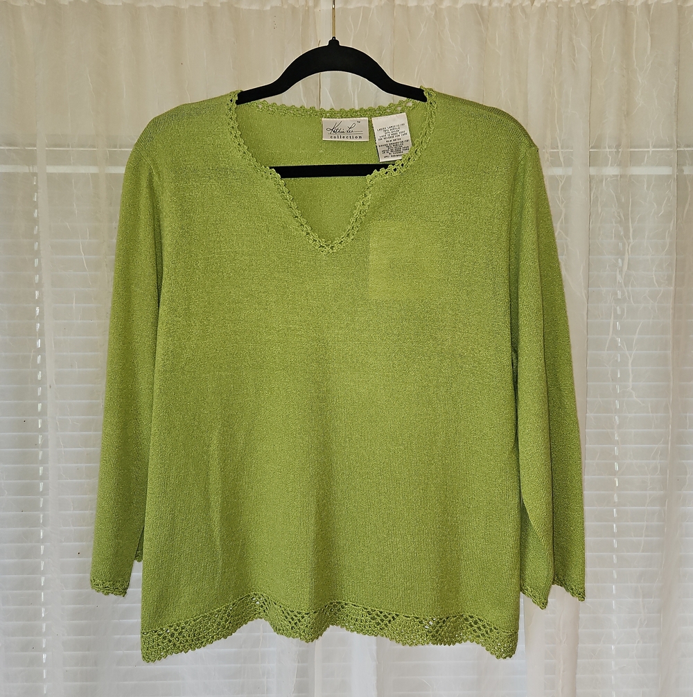 Kathie Lee Collection Green Sprout Crochet Hem Split Neck Pullover Knit Top